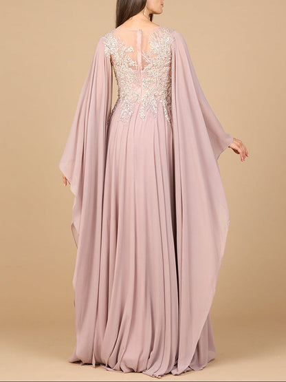Chiffon A-line Long Gown with Cape Sleeves