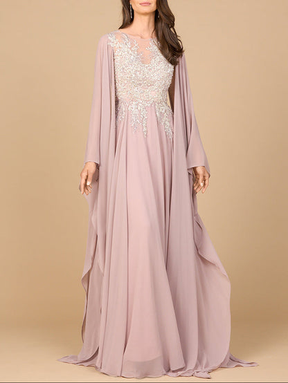 Chiffon A-line Long Gown with Cape Sleeves