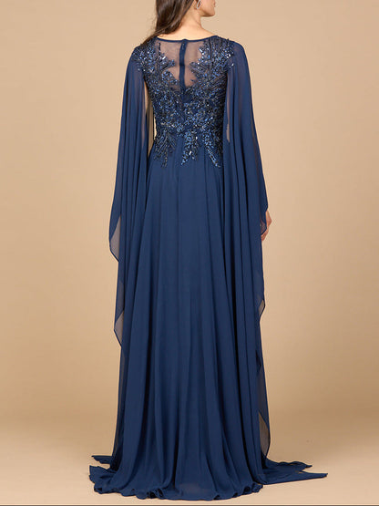 Chiffon A-line Long Gown with Cape Sleeves