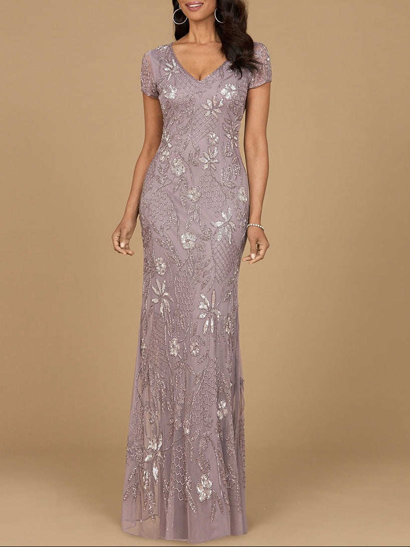 V-Neck, Short Sleeve Beaded Gown