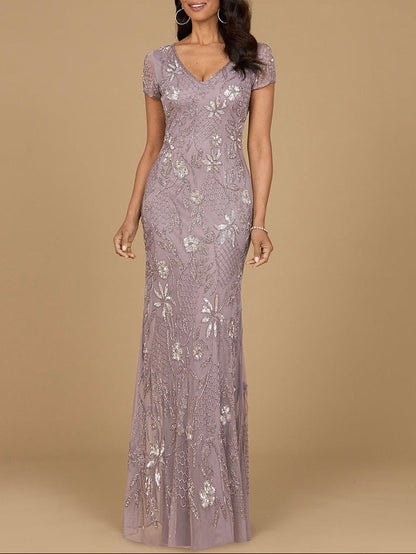 V-Neck, Short Sleeve Beaded Gown