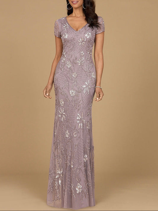 V-Neck, Short Sleeve Beaded Gown