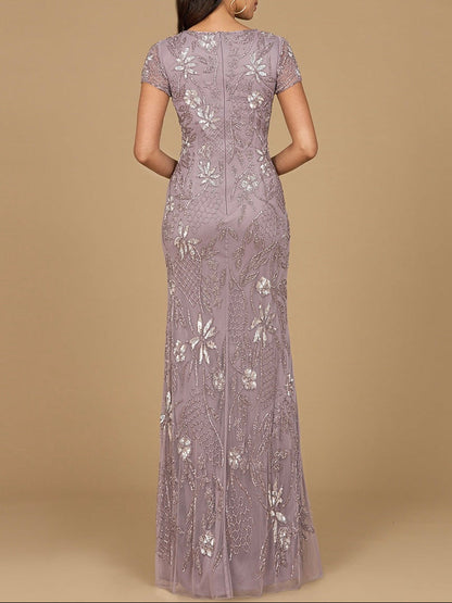 V-Neck, Short Sleeve Beaded Gown
