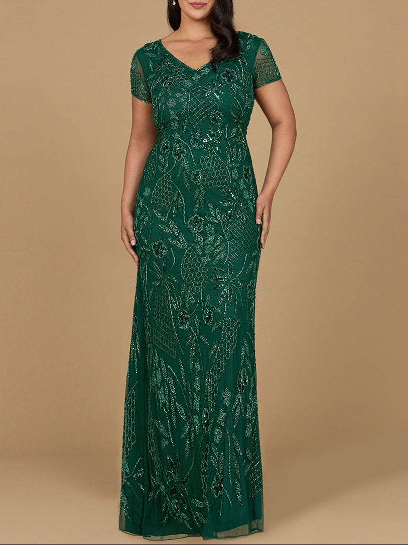 V-Neck, Short Sleeve Beaded Gown
