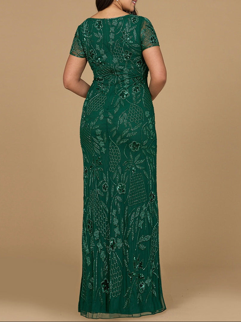 V-Neck, Short Sleeve Beaded Gown