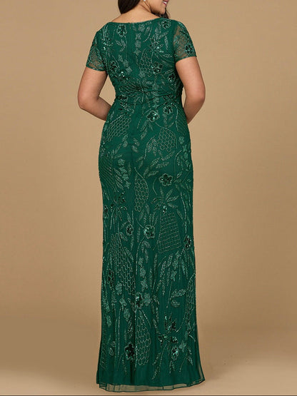 V-Neck, Short Sleeve Beaded Gown