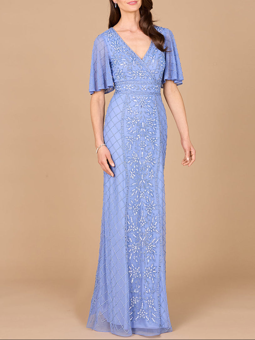 V-Neck, Cape Sleeve Beaded Gown with Belt