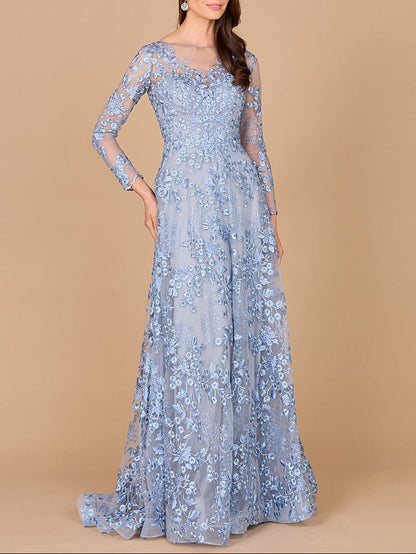 Illusion Neckline, Long Sleeves Gown