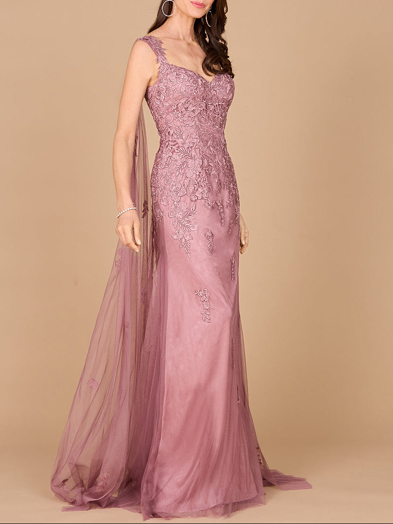 Embroidered Lace Gown with Flowing Capes