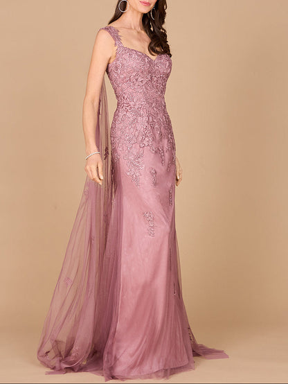 Embroidered Lace Gown with Flowing Capes
