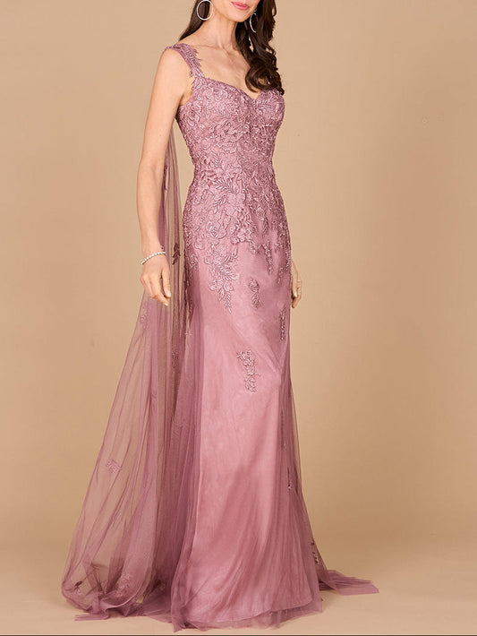 Embroidered Lace Gown with Flowing Capes