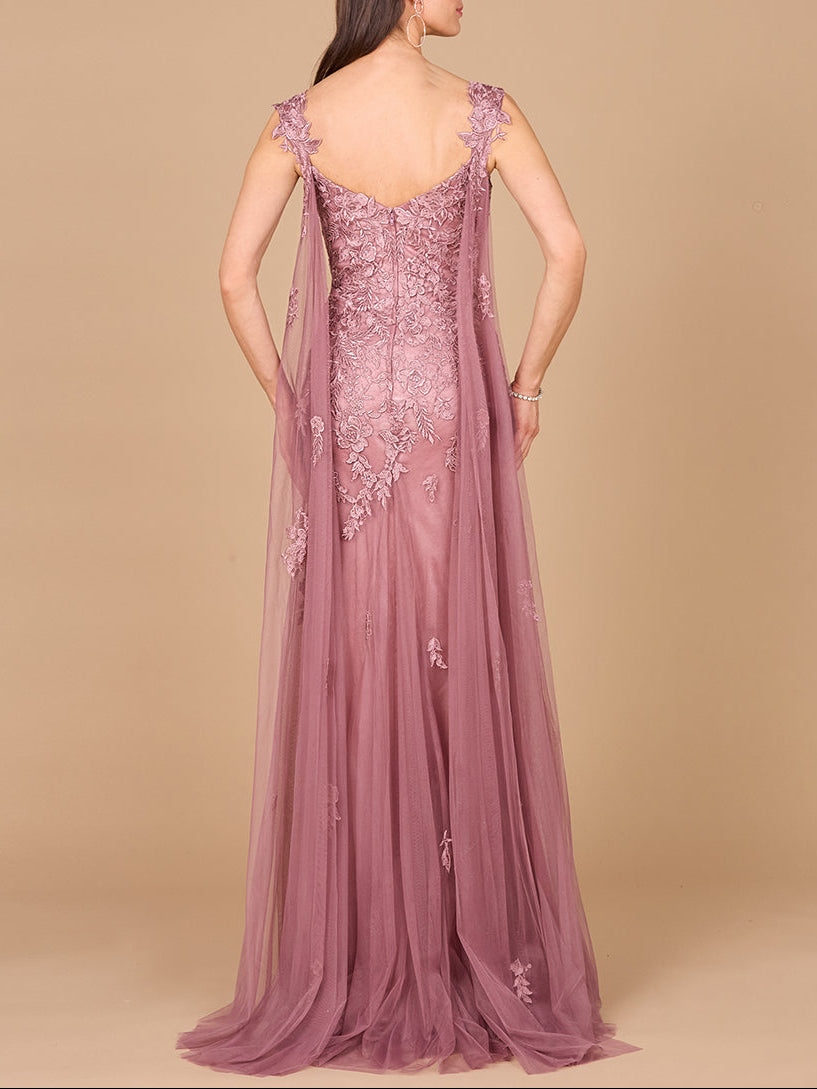 Embroidered Lace Gown with Flowing Capes
