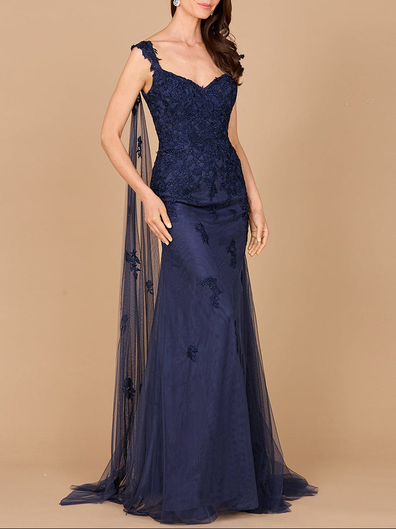 Embroidered Lace Gown with Flowing Capes