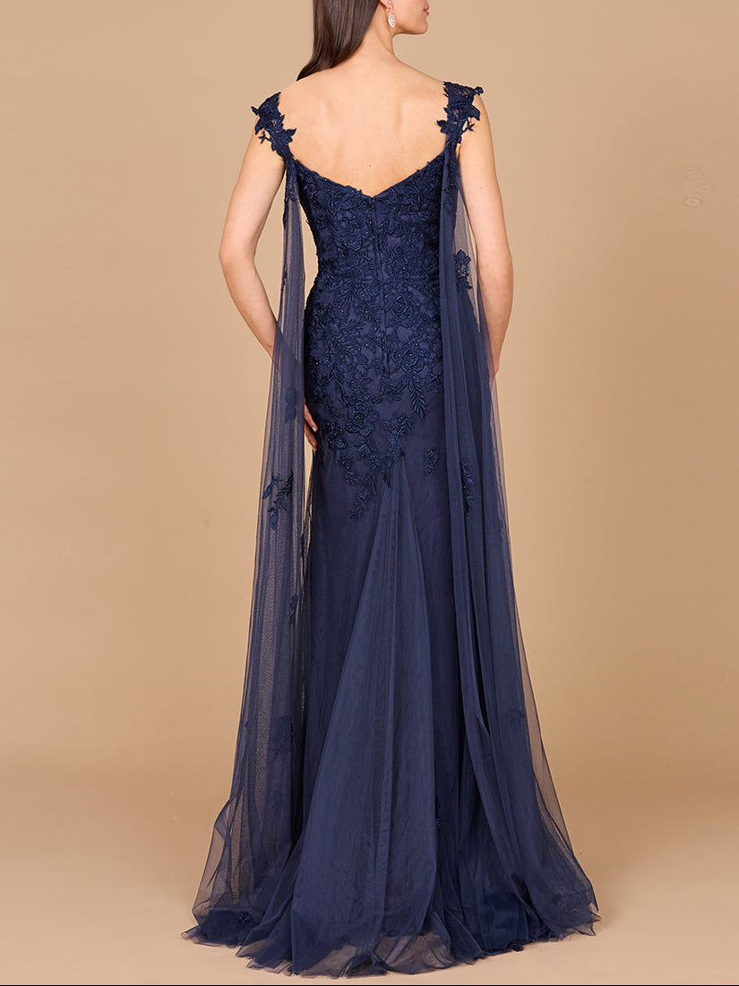 Embroidered Lace Gown with Flowing Capes