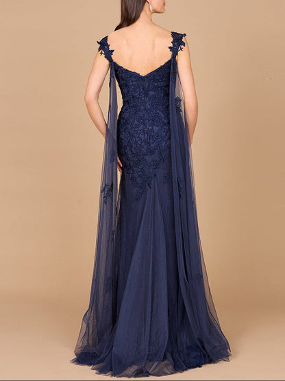 Embroidered Lace Gown with Flowing Capes
