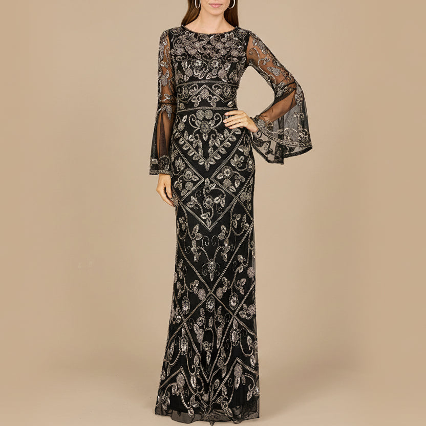 Bell Sleeved High Neck Beaded Gown