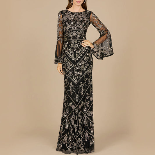 Bell Sleeved High Neck Beaded Gown