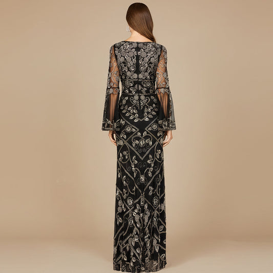 Bell Sleeved High Neck Beaded Gown