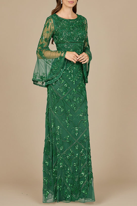 Bell Sleeved High Neck Beaded Gown