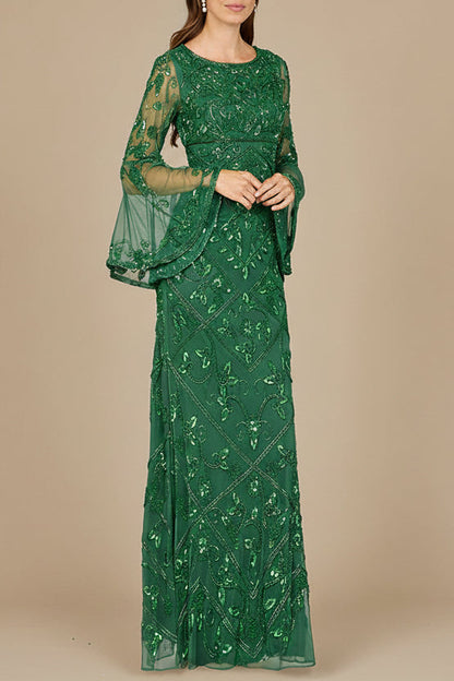 Bell Sleeved High Neck Beaded Gown