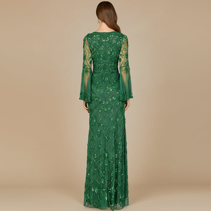 Bell Sleeved High Neck Beaded Gown