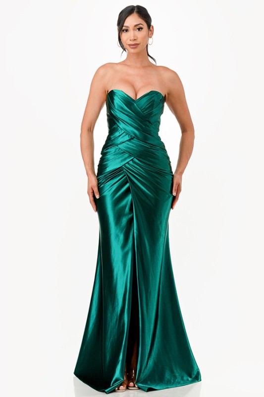 Tucked and ruched sweetheart satin dress with fitted slit skirt