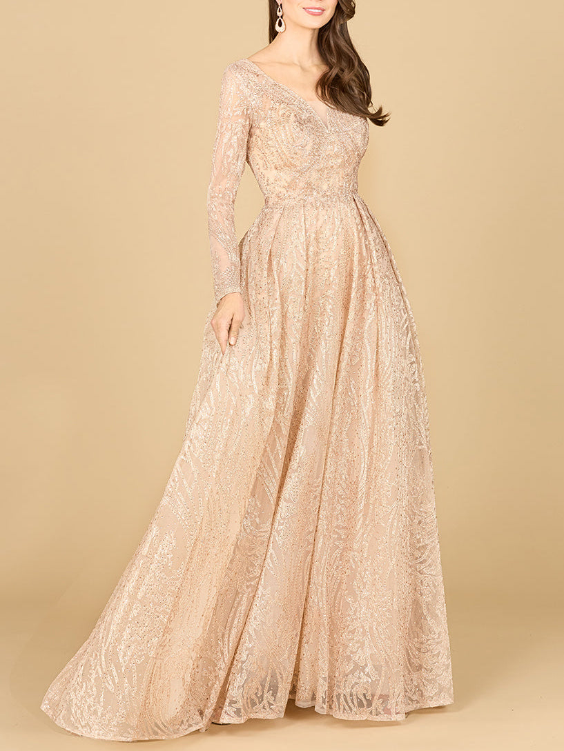 Long Sleeve, A-line Gown with a V-Neckline