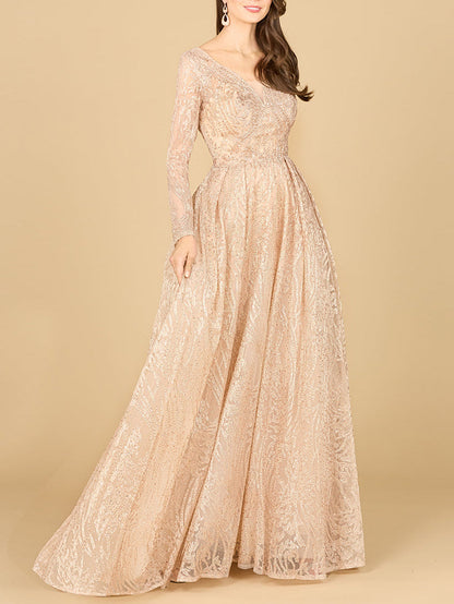 Long Sleeve, A-line Gown with a V-Neckline
