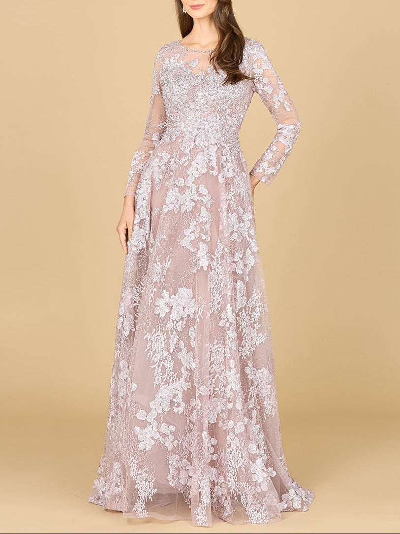Long Sleeve, Illusion Neck Gown