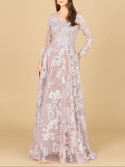 Long Sleeve, Illusion Neck Gown