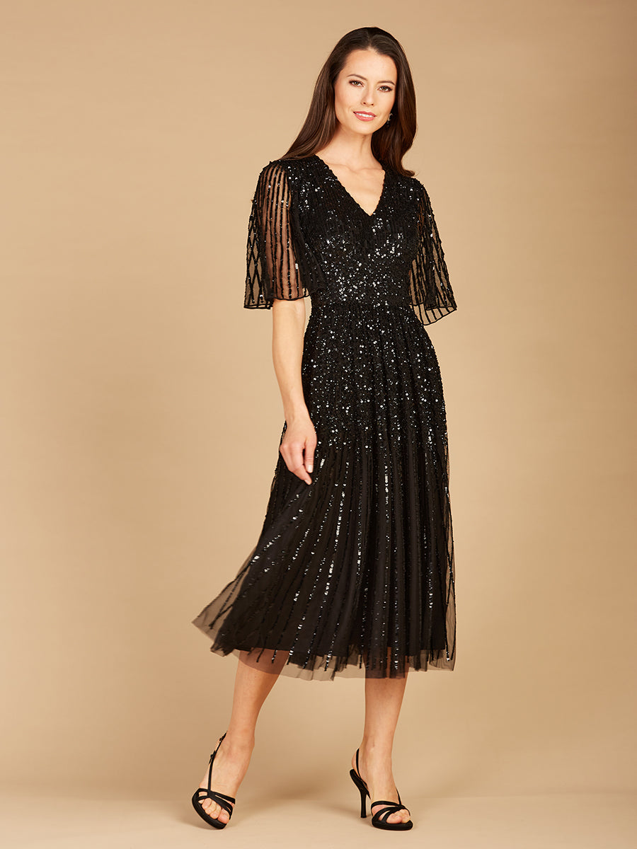 Flowing, Sequin Midi Dress with Short Sleeves | 29221