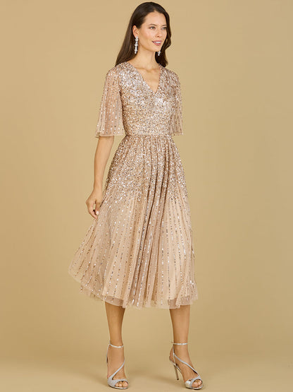 Flowing, Sequin Midi Dress with Short Sleeves | 29221