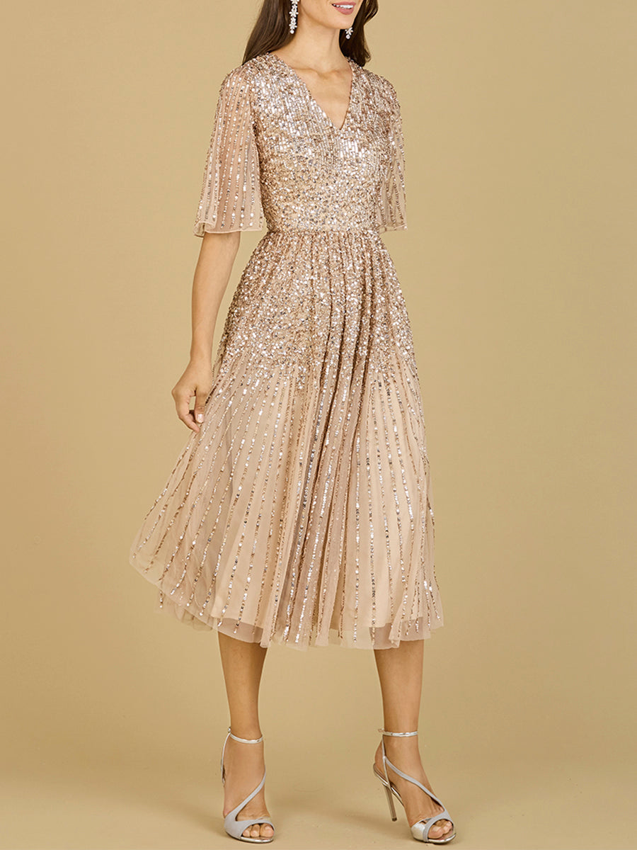 Flowing, Sequin Midi Dress with Short Sleeves | 29221