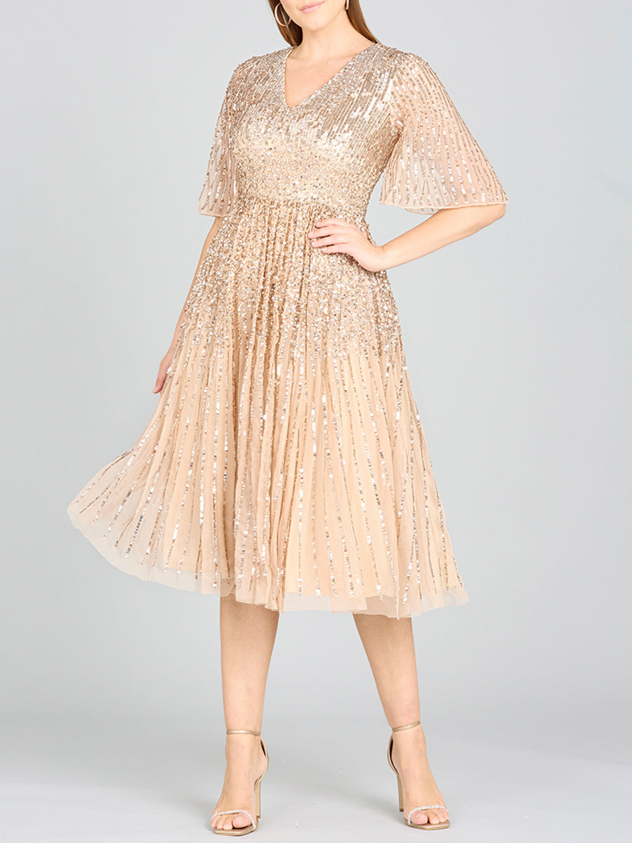 Flowing, Sequin Midi Dress with Short Sleeves | 29221