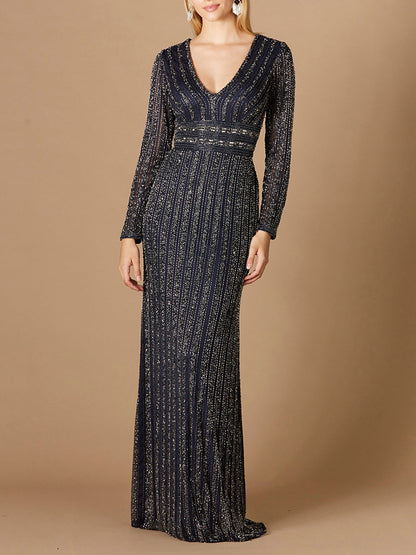 Long Sleeve Belted Beaded Gown