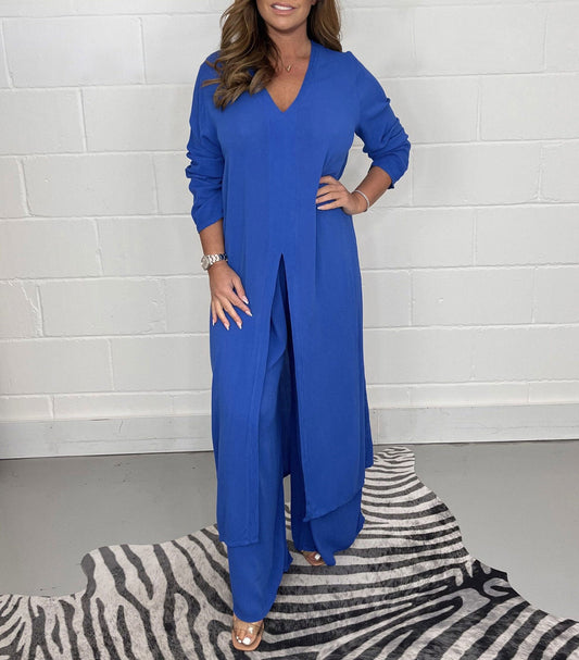 Women's Fashion Chiffon Solid Color Long Top & Pants Outfit Set