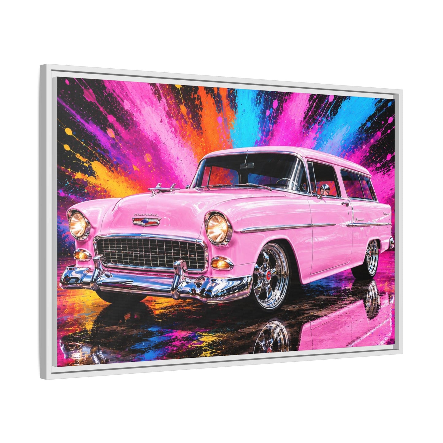 Pink Classic Station Wagon Canvas Print — Retro Car Wall Art, Framed Matte Multi‑Color Splash