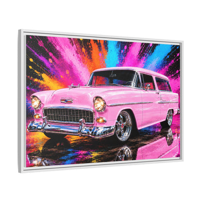 Pink Classic Station Wagon Canvas Print — Retro Car Wall Art, Framed Matte Multi‑Color Splash