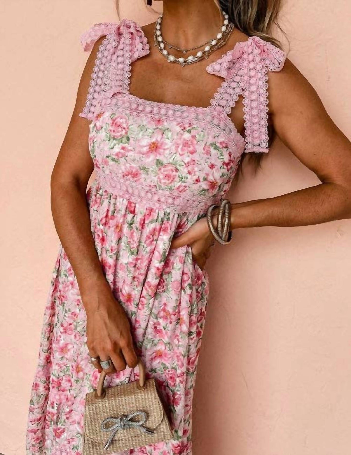 Floral Lace Tied Strap Empire Waist Maxi Dress