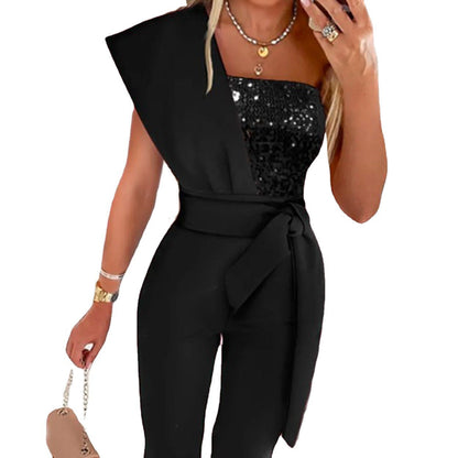 Fashionable SummerPrinted Solid Color Sleeveless Belted Jumpsuit with Beaded Embellishment, Fitted Patchwork Women's Clothing