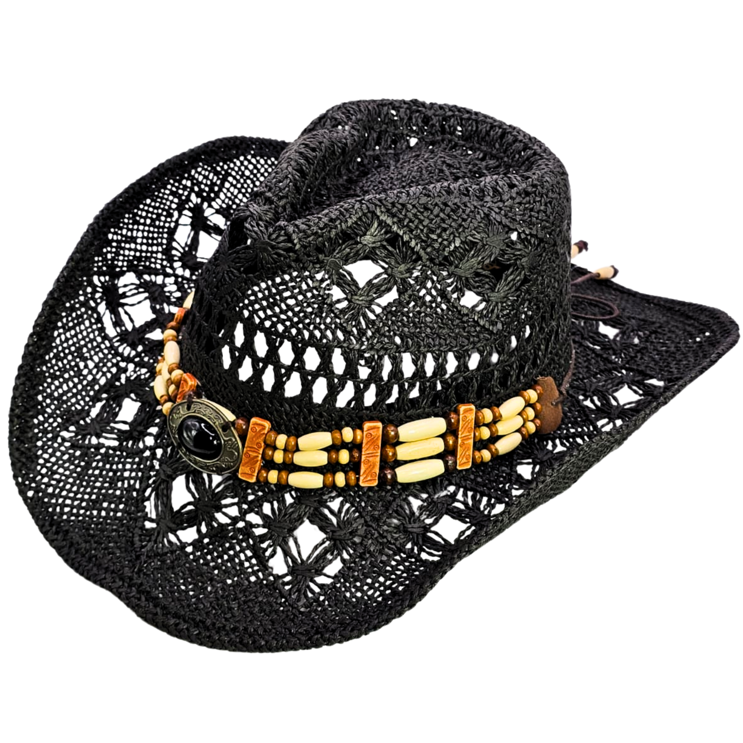 Straw Cowgirl Hat | Handmade Beaded Crown with Turquoise-stone Detail