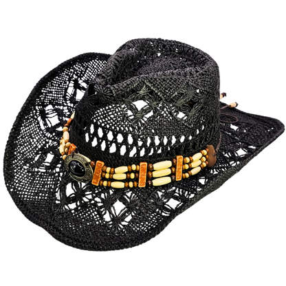Straw Cowgirl Hat | Handmade Beaded Crown with Turquoise-stone Detail