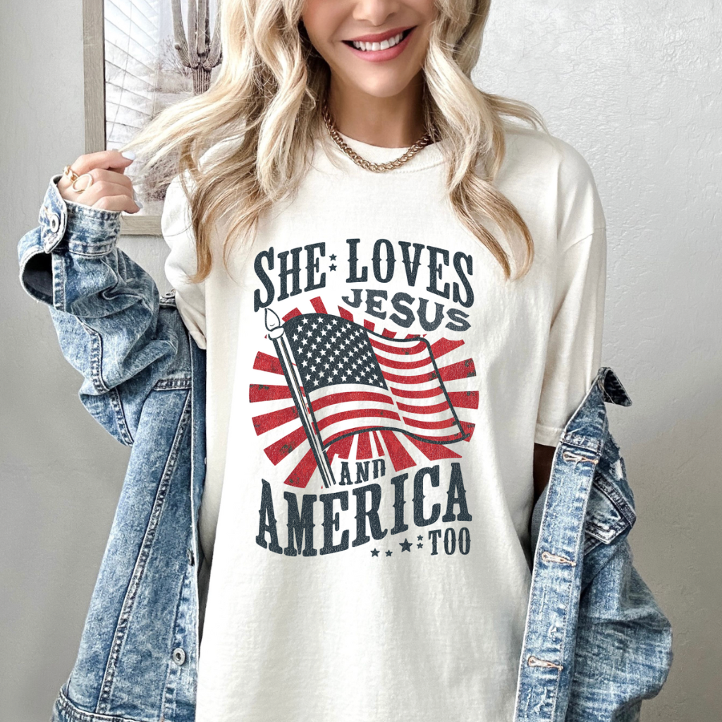 She Loves Jesus and America Too Comfort Colors Tee – Patriotic Shirt for Women