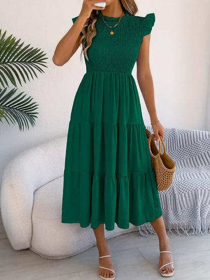 Women's Smocked Ruffle Midi Dress – Casual A-Line Cap Sleeve