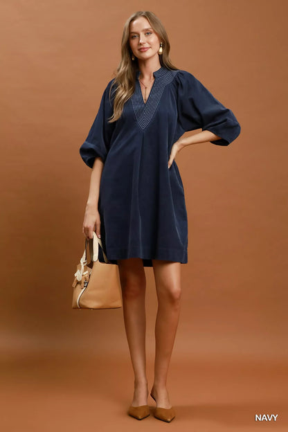 Umgee Corduroy V-Neck Puff Sleeve Shift Dress with Pockets