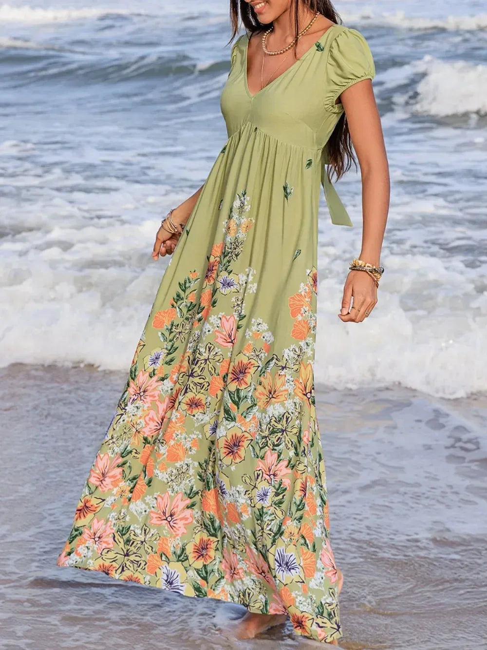 Backless Printed V-Neck Short Sleeve Maxi Dress