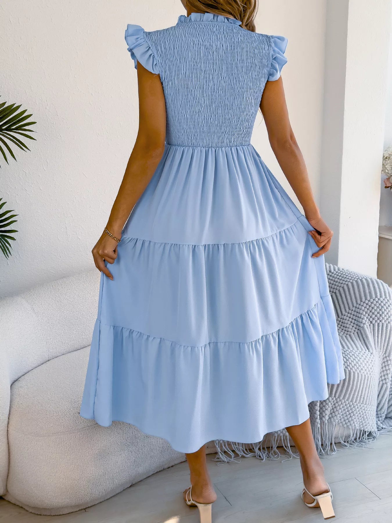 Women's Smocked Ruffle Midi Dress – Casual A-Line Cap Sleeve