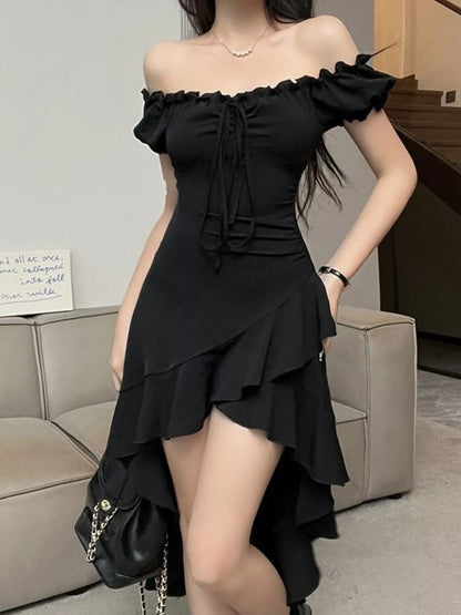 Off-Shoulder Ruffle Hem High Low Dress