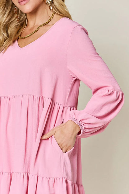 Garden Naked Women's Casual Dress Babydoll Tiered Dress with Pockets Long Sleeve Ruffle Hem Soft Cotton Blend Loose Fit