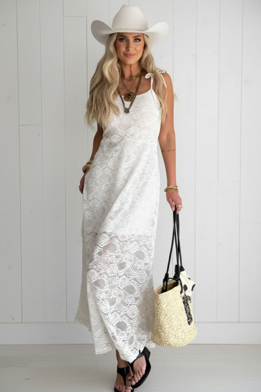 Floral Lace Tie Spaghetti Straps Maxi Dress See size chart under “more details”